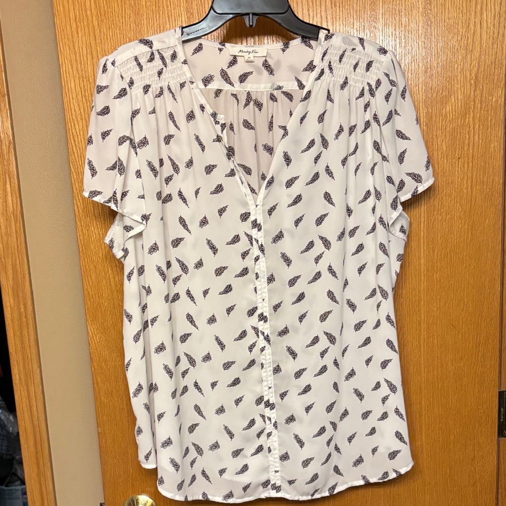 5 for $25 Elegant White Blouse with Black Leaf Pattern